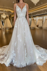 Unique v neck tulle lace long Semi Formal Prom Dresses, lace wedding Dresses